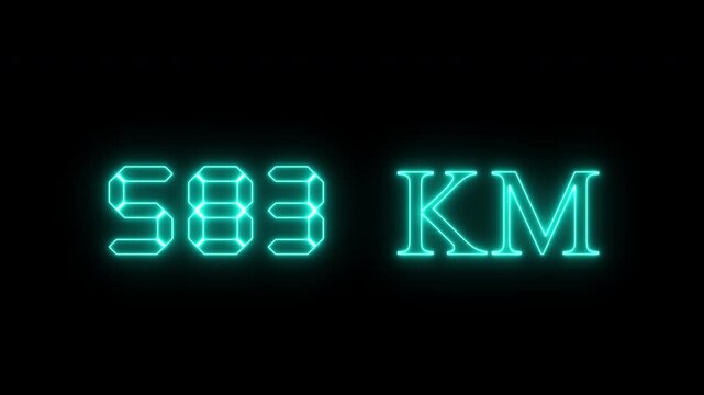 counting 0 to 1000 km text blue neon glowing concept, increase number zero to one thousand kilometers, speedometer, gauge, measuring device animation on transparent background, 4k video