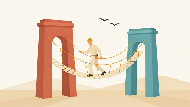 A construction worker walking across a rope bridge between two large stone archway structures