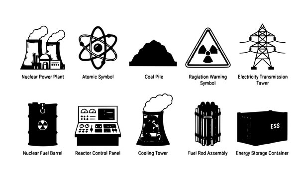 Nuclear power station and energy industry flat vector icon set with atom coal reactor and electricity symbols