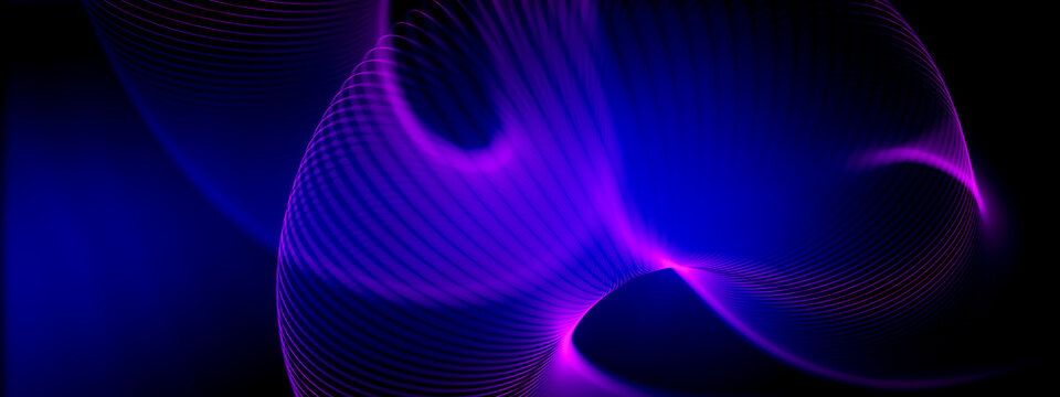 3D purple data wave with neon mesh curvature for cyber technology background