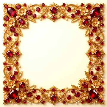 An elegant, square ornamental border crafted with intricate golden filigree and set with vibrant red ruby gemstones and delicate pearls.