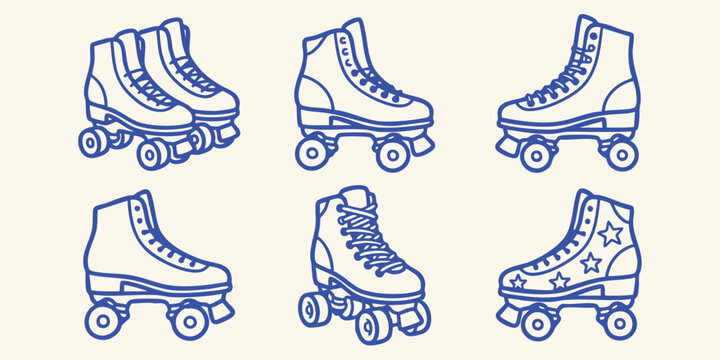 Set of vintage roller skates in line art style, retro quad skates with laces and wheels for skating activities