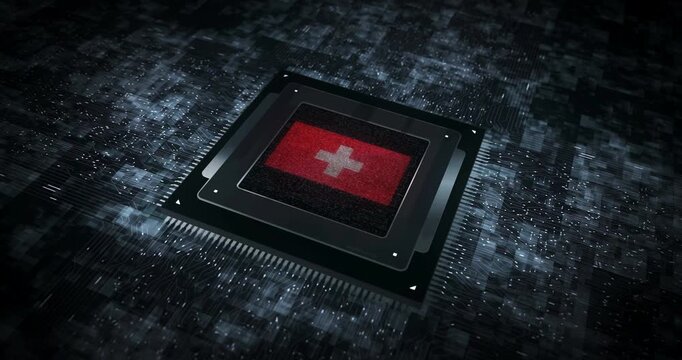 Switzerland flag on computer cpu. Swiss banner digital and cyber technology concept animation.