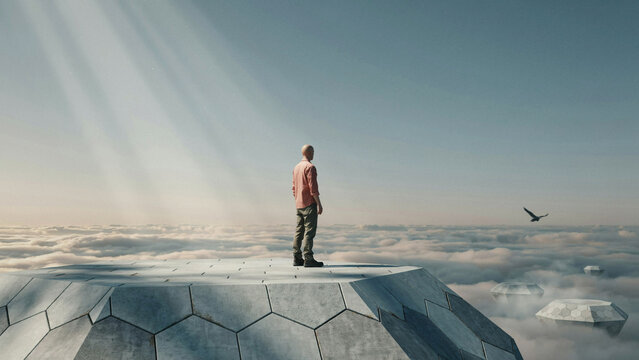 A man standing alone on a floating hexagonal platform above a sea of clouds at daytime