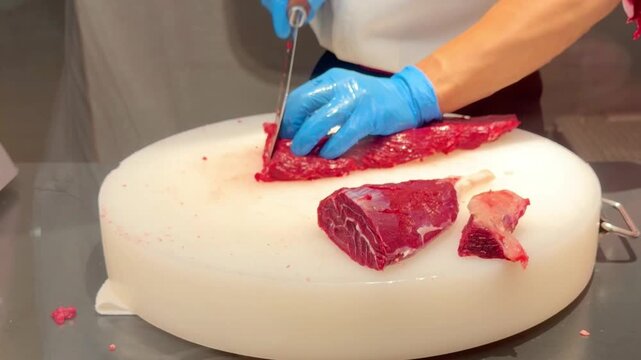 Chef Hands Thinly Slicing Marbled Beef and Plating for Hot Pot &ndash; Preparing Premium Meat	
