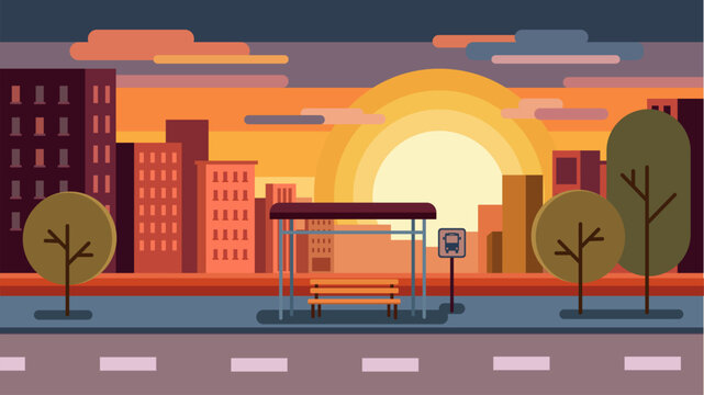Minimalist Urban City Sunset with Bus Stop and City Park Vector Illustration