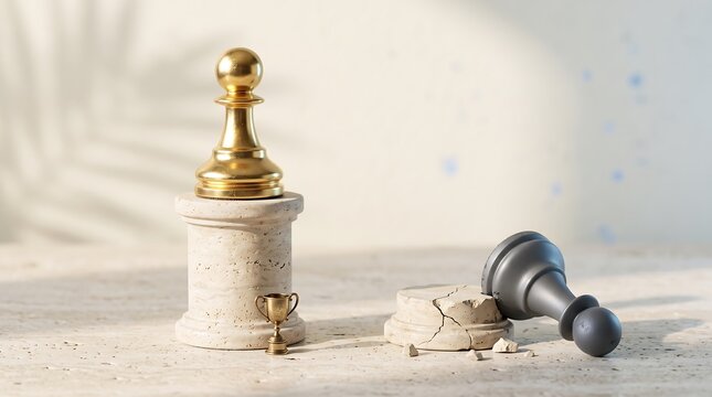 Gold chess pawn facing fallen silver king piece, symbolizing strategy, competition, leadership and business decision making
