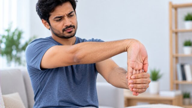 Focused young man doing wrist flexor stretch to prevent repetitive strain injury and forearm fatigue.