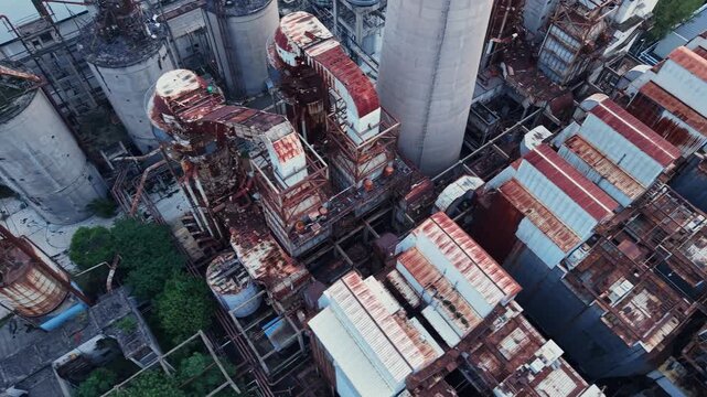 aerial view of old rusted and abandoned industrial plant