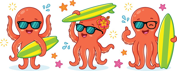 Cute octopus cartoon character vector set featuring funny surfing octopuses with colorful surfboards sunglasses and tropical flowers © Gorina