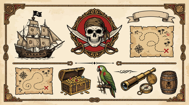 Pirate Treasure Adventure Set, Woodcut Skull and Cutlass Emblem, Sailing Ship, Treasure Map, Chest and Parrot with Rope Borders in Black, Red and Gold for Kids Party Design