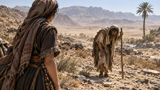 Biblical Scene of Moses Meeting Zipporah, His Future Wife, in the Wilderness of Midian