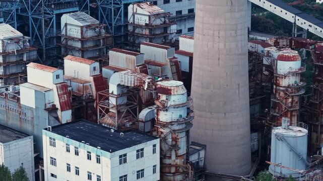 aerial view of old rusted and abandoned industrial plant