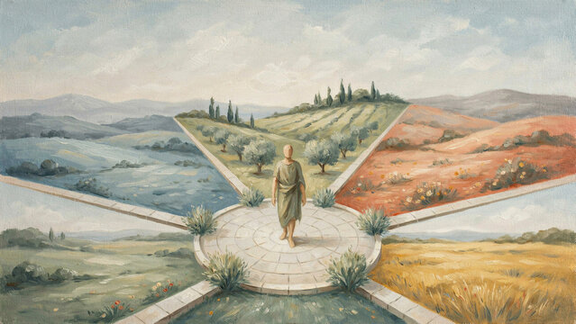 A person standing in the center of a landscape divided into four different seasonal quadrants
