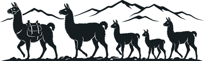 Fototapeta premium Llama family silhouette walking through mountain landscape, andes wildlife vector illustration, monochrome graphic design element, isolated white background. 