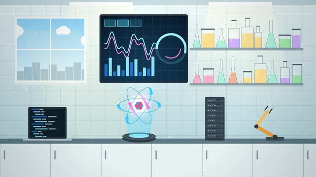 Technology science lab with data dashboard, hologram atom, server rack and robotic arm, 2D animation loop