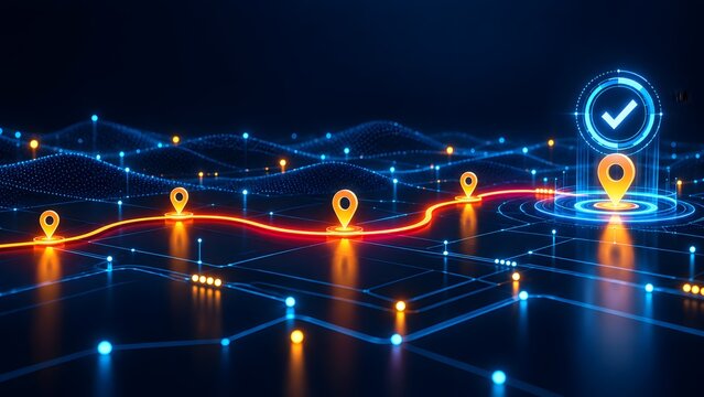 Glowing digital route with sequential map pins leading to a final verification checkmark on a futuristic data terrain representing network navigation