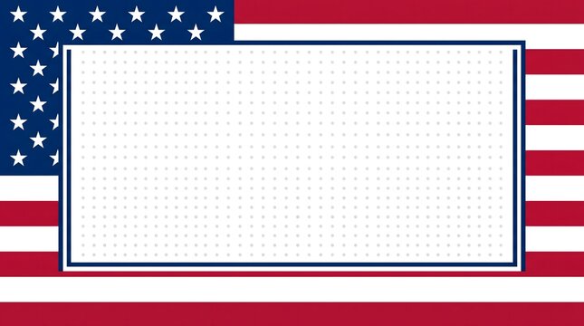 American flag background with a central white dotted frame for text or design, patriotic template for independence day, memorial day, or national holidays