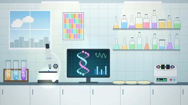 Biology laboratory with microscope, DNA helix on monitor, petri dishes and centrifuge, 2D animation loop