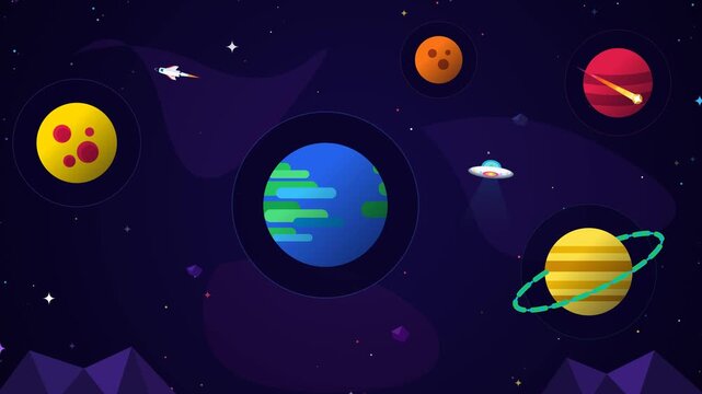 Premium 4K flat vector space animation featuring colorful cartoon planets, orbiting space shuttle, hovering UFO, starfield, and shooting comets with zero overlap.