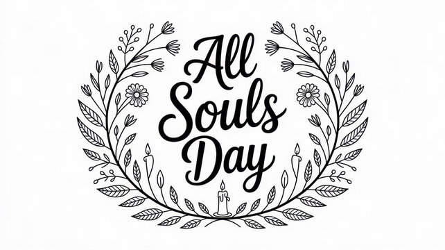 All Souls Day black typography with floral wreath and burning candle design isolated on white background