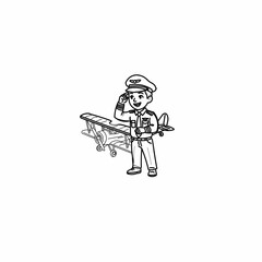 Cute cartoon pilot saluting in uniform with vintage biplane airplane behind, black and white line art coloring page. © cholis