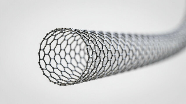 Detailed view of a carbon nanotube cylinder with a complex hexagonal mesh on a gray background