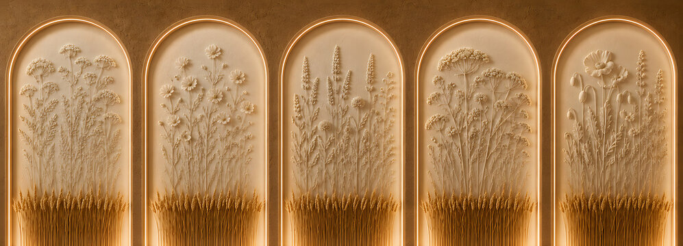 Warm illuminated arched wall niches with plaster floral bas relief and dry wheat stalks on floor