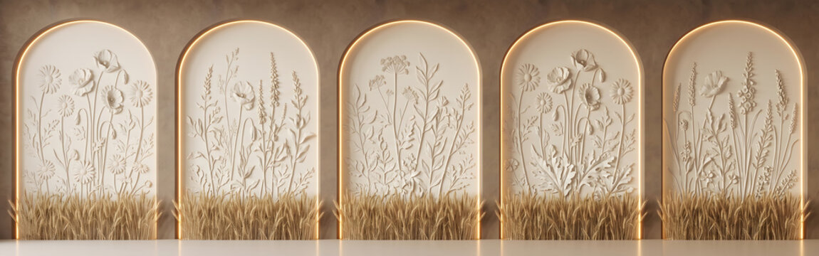 Plaster bas relief wall with floral arch niches and glowing warm backlighting behind wheat stalks