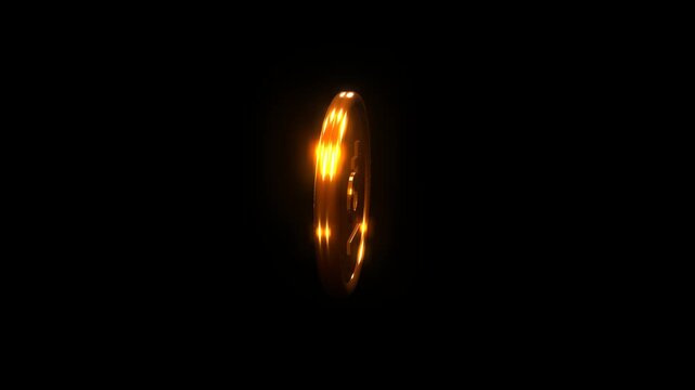 Cinematic high-detail 3D animation of a single premium gold Vietnamese Dong (₫) coin spinning continuously, featuring an exact flawless geometric symbol design matching SVG reference on a solid black