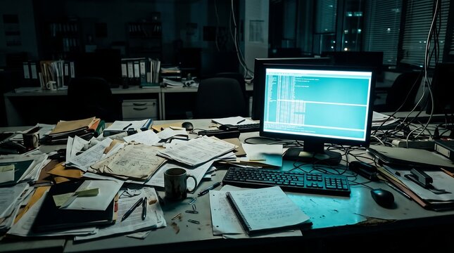 A cluttered office desk illuminated by a glowing computer monitor features piles of paperwork and documents amidst a dark, moody late-night corporate environment.