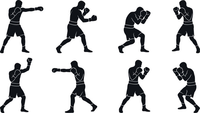 Boxer athlete silhouette vector set with professional fighters punching defending dodging and sparring actions isolated on white background