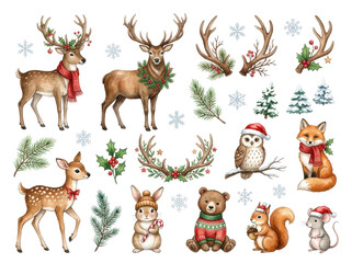 Fototapeta premium Watercolor Christmas forest animals and festive holiday elements collection on white background