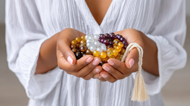 Hands holding prayer beads for isra miraj observance closeup for religious banner and spiritual background image
