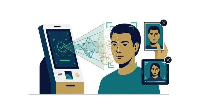 A man undergoes identity verification at a digital kiosk that uses facial recognition technology in a secure environment.