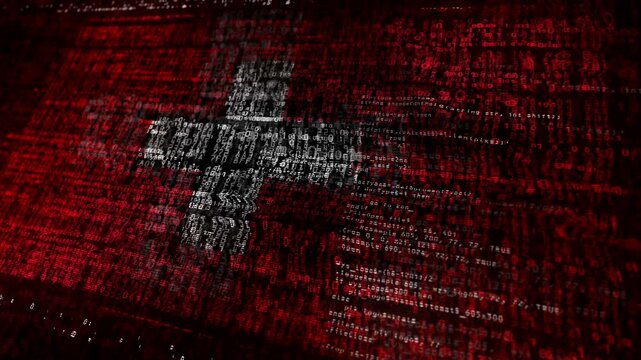Switzerland flag waving secure code. Swiss blowing banner cyber security attack and hack concept animation.