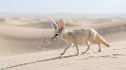Fototapeta premium A small fennec fox walking across the vast sandy dunes of the Sahara desert in bright daylight