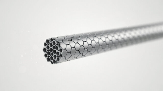 Microscopic view of a carbon nanotube structure with hexagonal patterns on a light gray background