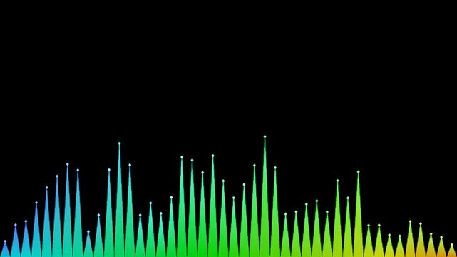 Vibrant rainbow audio equalizer waveform pulsing to music beats, ideal for sound frequency and DJ background visuals.