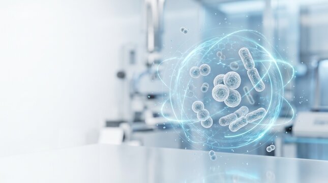 Glowing atomic sphere holding 3D bacteria cells floating over laboratory table with copy space
