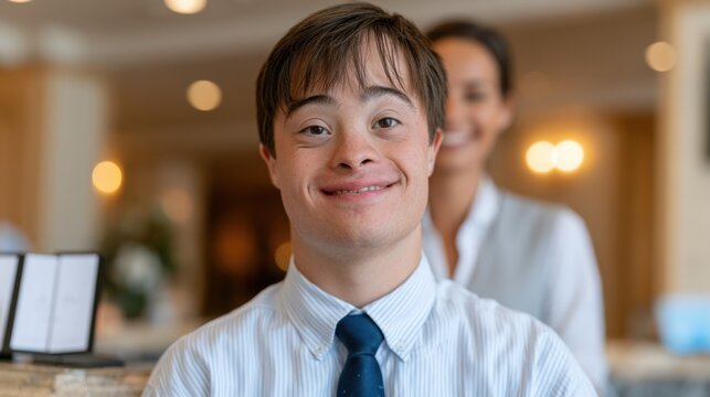 Young adult male with Down syndrome smiles while seated at a restaurant, with a female staff member in the background and a welcoming interior setting visible