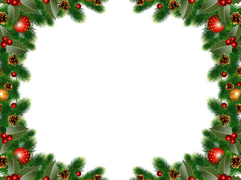 Christmas holly and ornament rectangular border frame