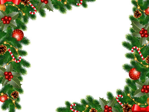 Lush Christmas pine and berry rectangular border frame