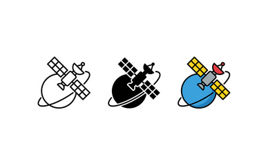 Minimalist satellite orbit icons featuring outline silhouette and colored flat designs © CreativeDesign