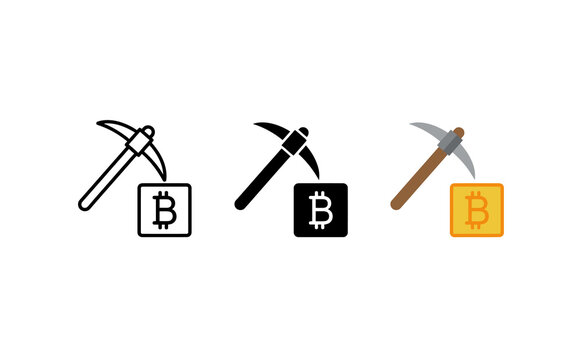 Minimalist bitcoin mining icons featuring pickaxe and coin symbols on white background