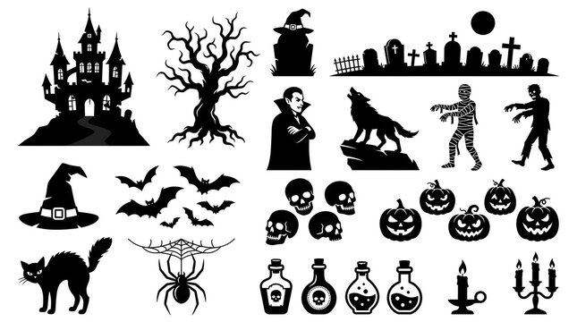 Halloween Silhouette Vector Set: Haunted Castle, Vampire, Werewolf, Zombie, Witch Hat, Pumpkins & Spooky Symbols