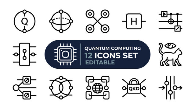Quantum Computing Icons: A collection of 12 editable icons representing fundamental concepts in quantum computing, including qubits, gates, and algorithms.
