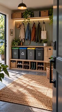 Sunlit mudroom entryway shifts into fuller view during a slow rightward camera move, showing hanging coats, hats, sorting bins, shoe cubbies, plants, woven rug, and pendant light
