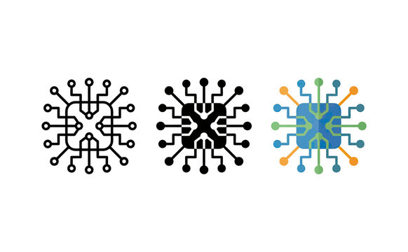 Minimalist digital chip icons featuring circuit board patterns in flat vector style