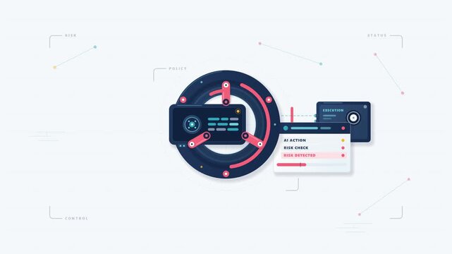 Futuristic enterprise AI risk control system intercepting an autonomous action before execution on a transparent background.